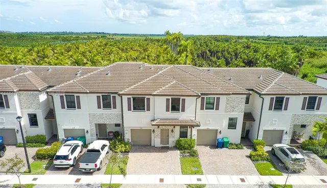 a aerial view of a white house with a yard plants and large tree
