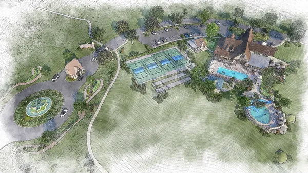 an aerial view of a swimming pool