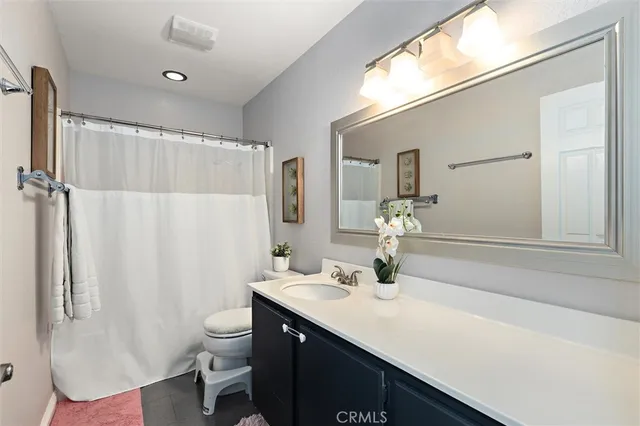 a bathroom with a sink a toilet and shower curtain