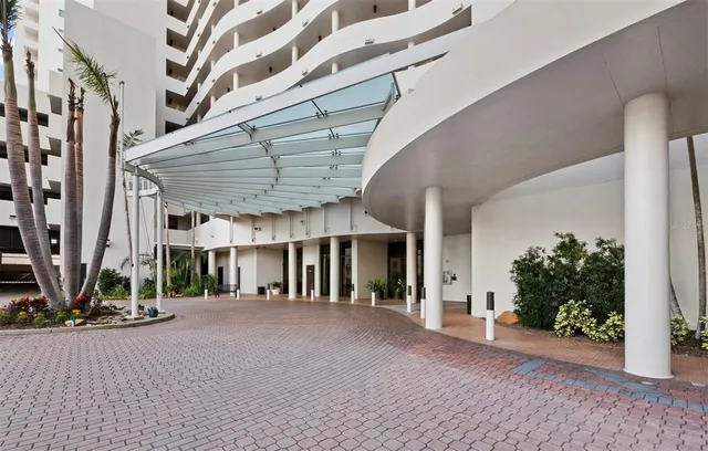 a view of a building with a street