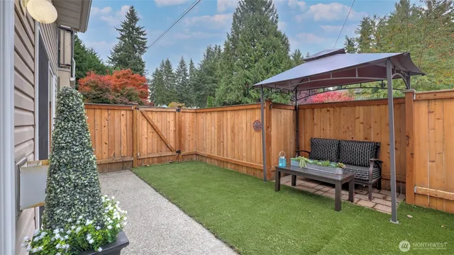 a backyard of a house with table and chairs