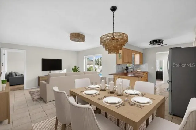 a view of a dining room with furniture