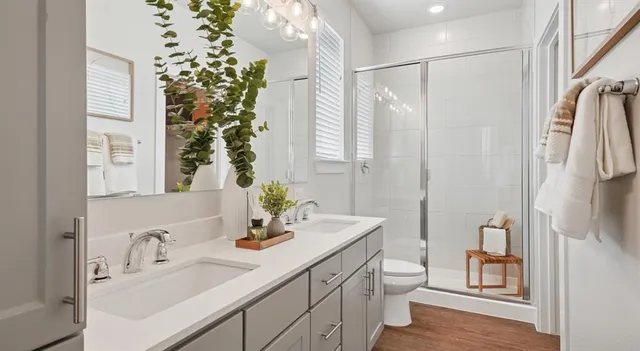 a bathroom with a sink a toilet and a large mirror