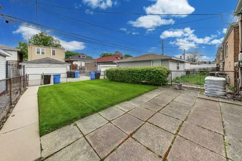 a view of a backyard with potted plants and a large tree