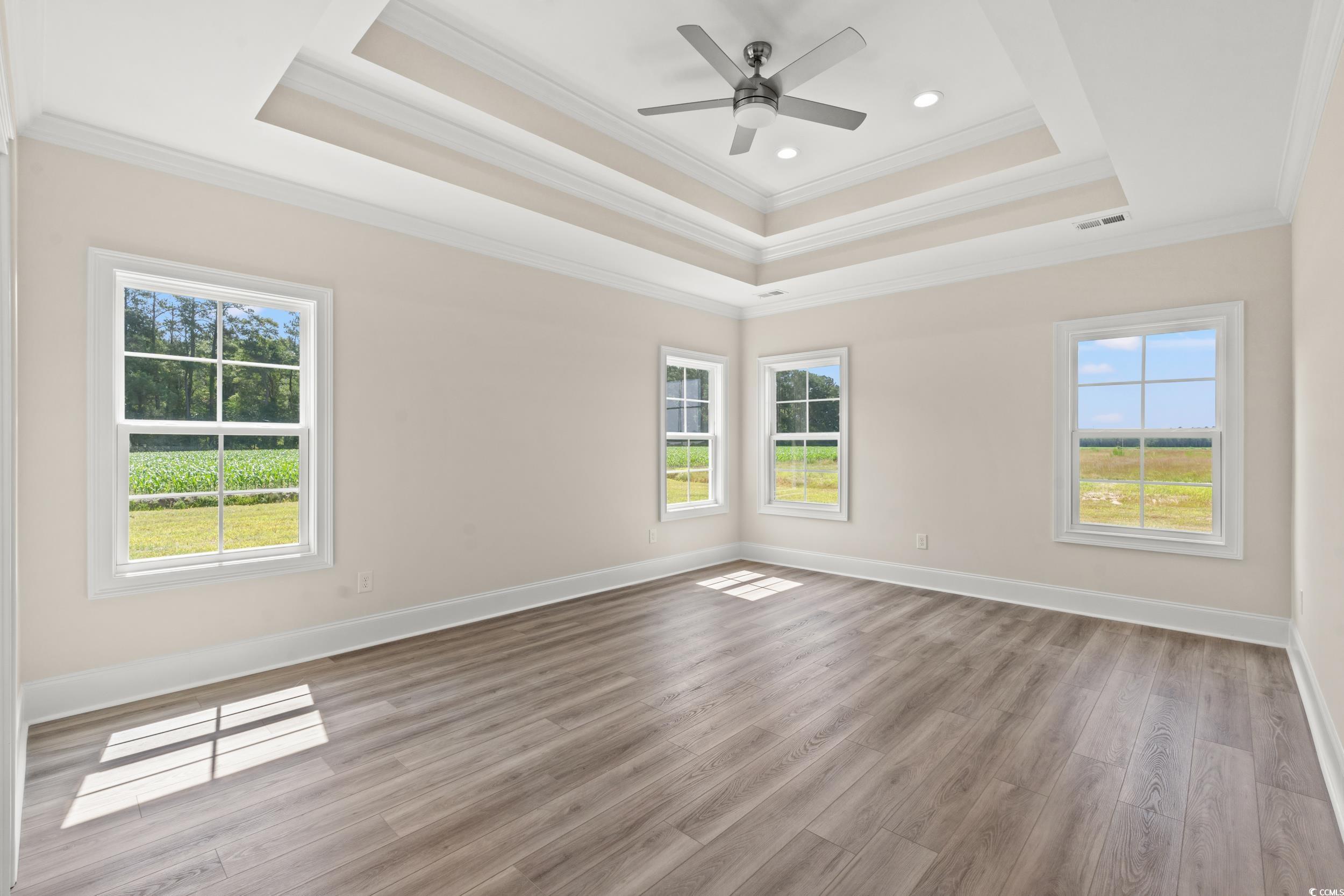 4022 Macks Road Aynor, SC 29511 - Photo 11 of 35 Spare room with crown molding, healthy amount of natural light, a tray ceiling, wood finished floors, and ceiling fan