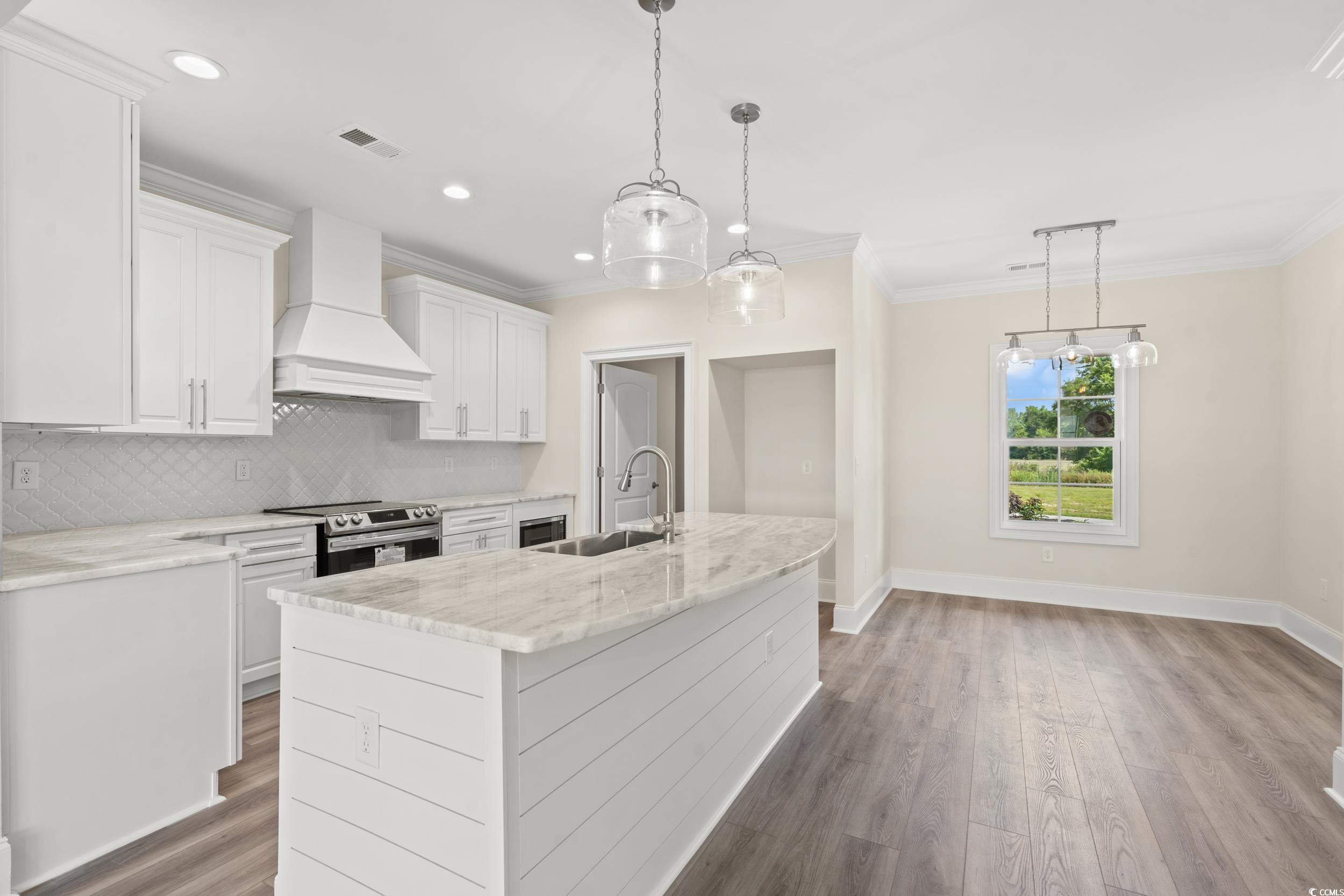 4022 Macks Road Aynor, SC 29511 - Photo 6 of 35 Kitchen featuring a sink, electric range, custom exhaust hood, baseboards, and ornamental molding