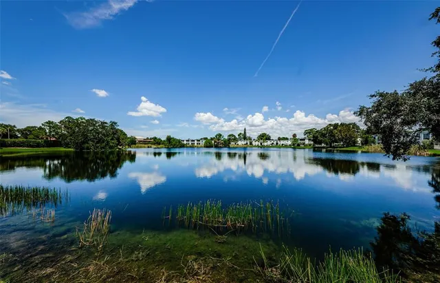 a view of a lake in front of house and trees