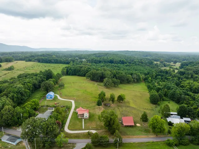 an aerial view of residential houses with outdoor space and trees