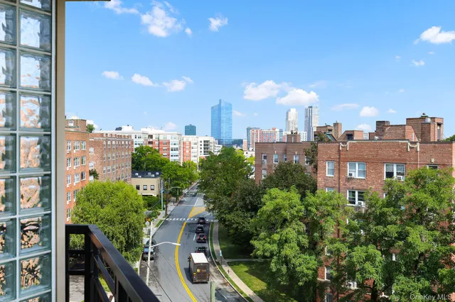 a view of a city from a patio
