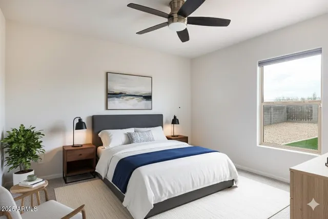 a bedroom with a bed and a window