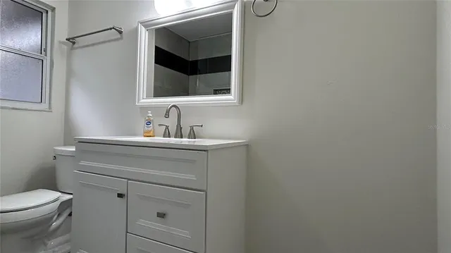 a bathroom with a toilet sink vanity and mirror