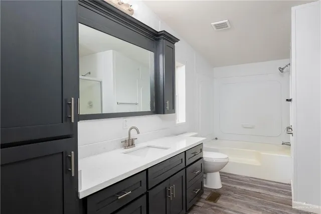 a bathroom with a bathtub shower sink vanity and toilet