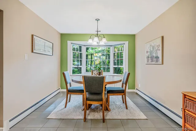 a dining room with furniture and window