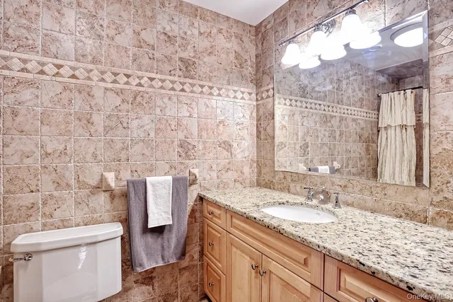 a bathroom with a granite countertop sink and a toilet