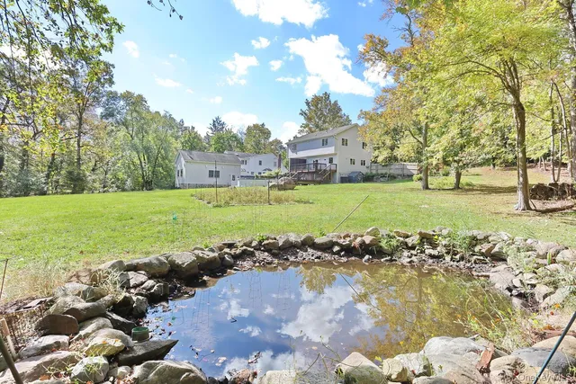 a view of a lake with a building in the background