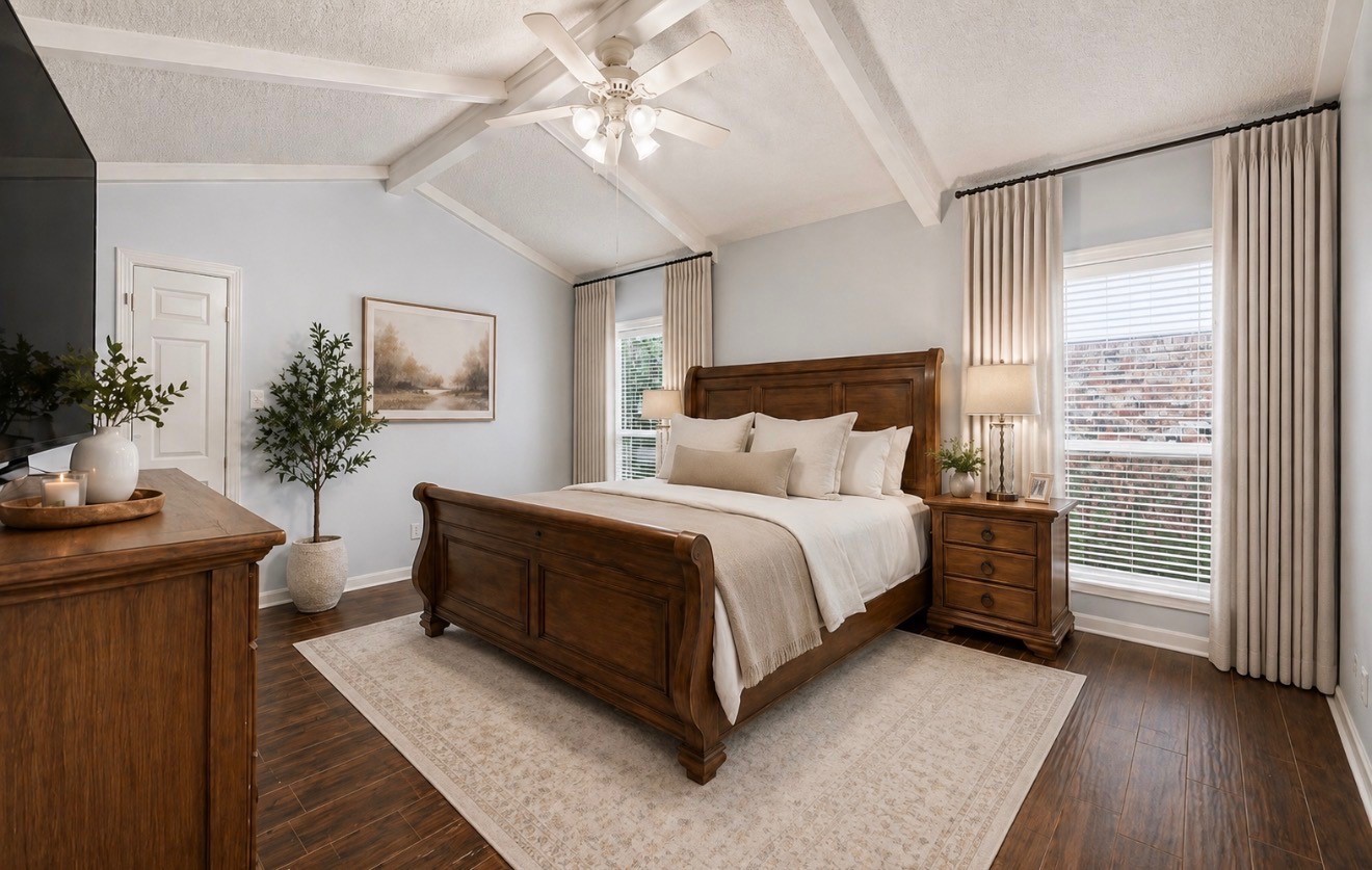 17403 Butte Creek Road Houston, TX 77090 - Photo 11 of 39 Spacious Primary Bedroom with vaulted ceiling (Virtually Staged).