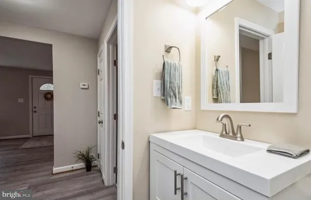 a bathroom with a sink and a mirror