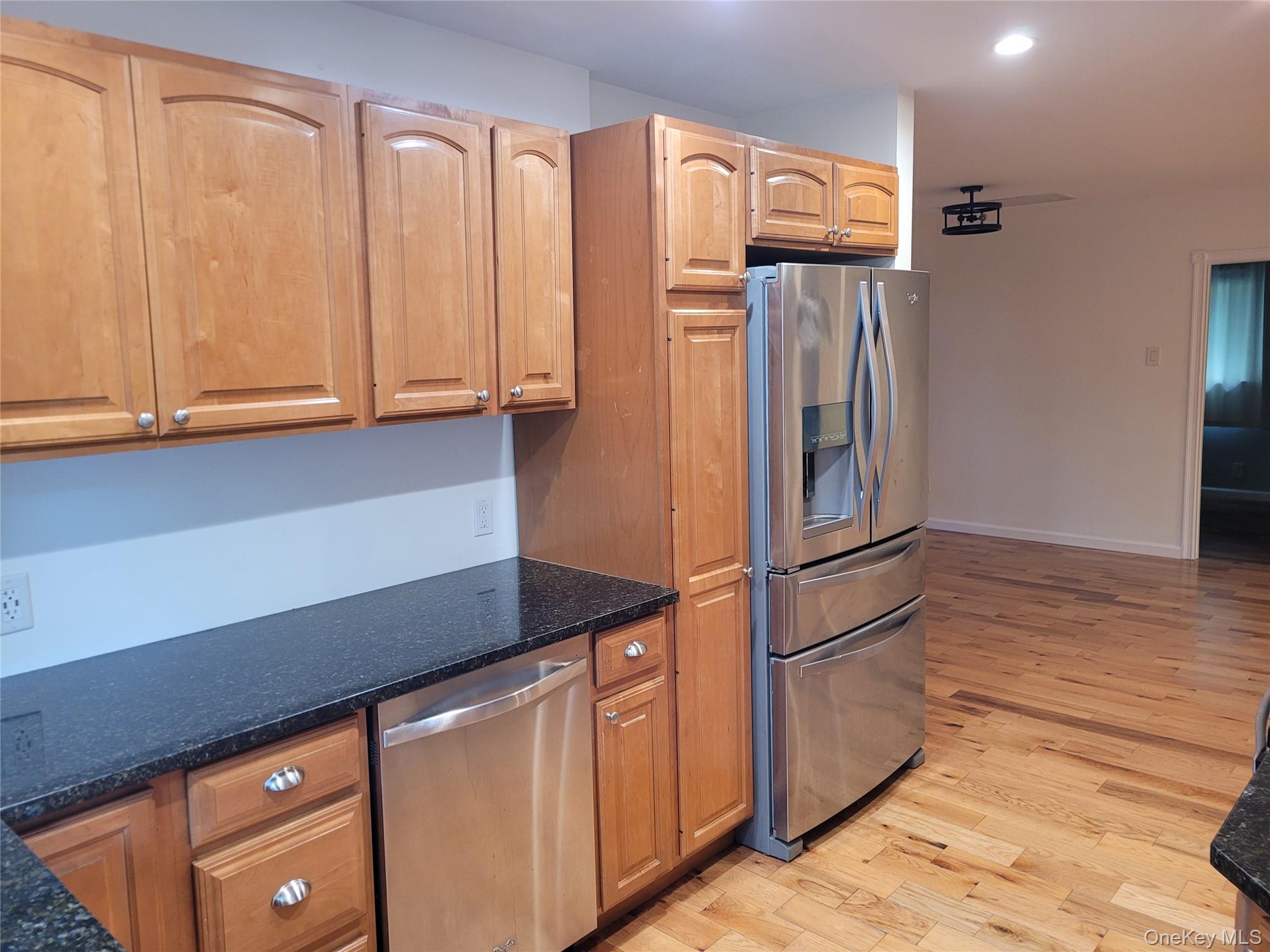 31 Apricot Road Rocky Point, NY 11778 - Photo 3 of 31 Kitchen featuring stainless steel appliances, light wood-style flooring, dark stone counters, and recessed lighting