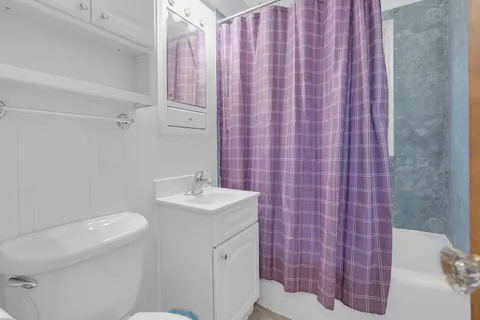 a bathroom with a sink a toilet and shower curtain