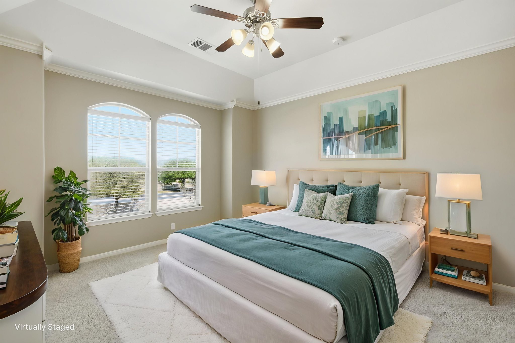 14001 Avery Ranch Boulevard, Unit 602 Austin, TX 78717 - Photo 12 of 39 VIRTUALLY STAGED Primary Bedroom with light colored carpet, ceiling fan, and crown molding