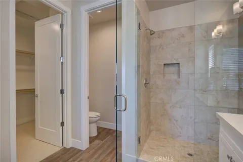 a bathroom with a shower and a toilet