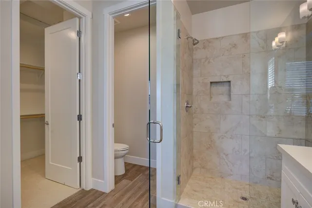 a bathroom with a shower and a toilet