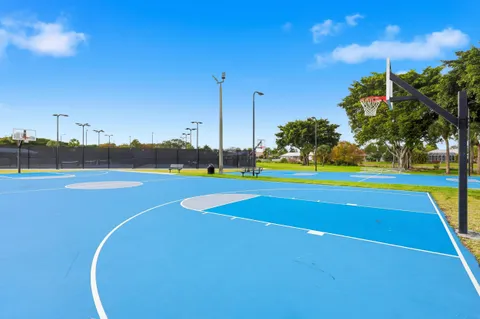 an aerial view of city and lake with trees all around