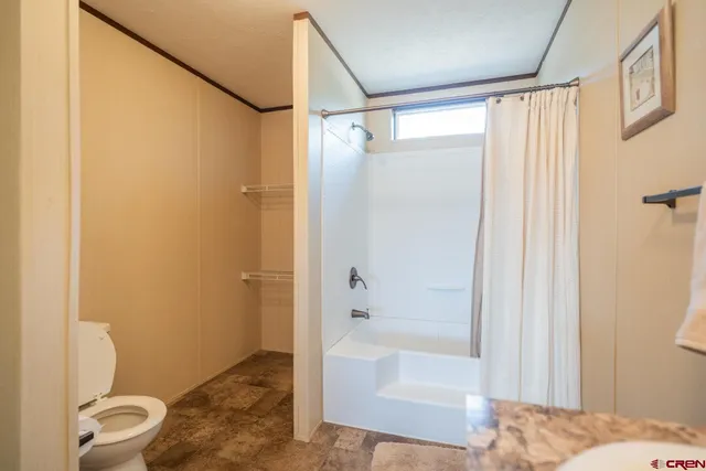 a bathroom with a shower and a toilet