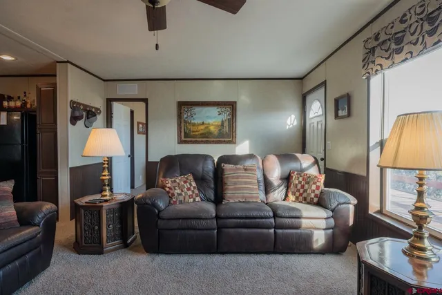 a living room with furniture and a lamp