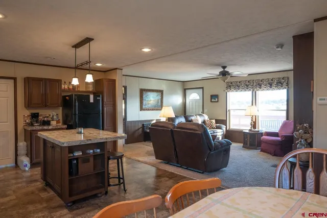 a living room with furniture a chandelier and a dining table