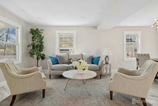 a living room with furniture and a potted plant