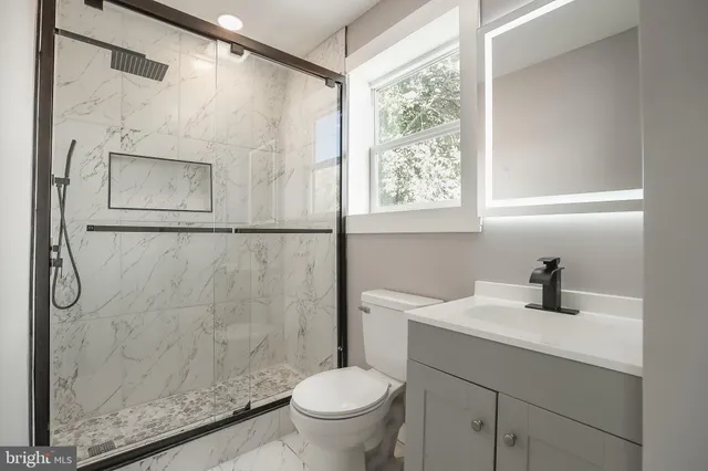 a bathroom with a sink a toilet and a shower