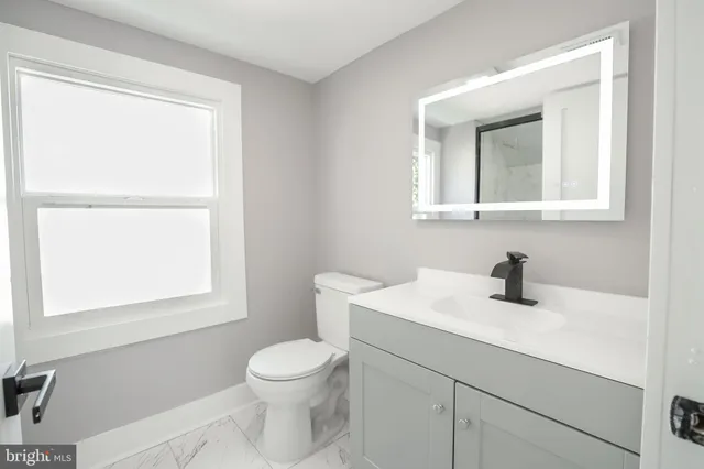 a bathroom with a toilet sink vanity and mirror