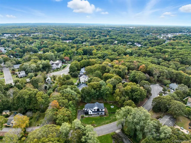 an aerial view of a residential houses with outdoor space and trees