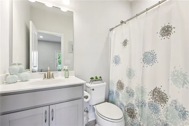 a bathroom with a sink a toilet and shower curtain