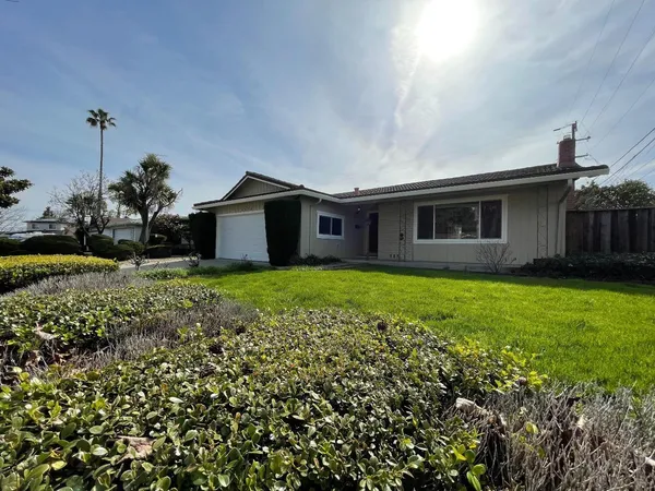 a front view of house with a garden