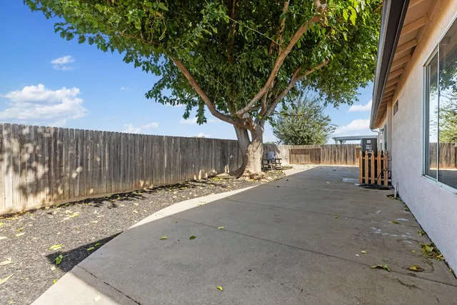 a view of a backyard with wooden fence
