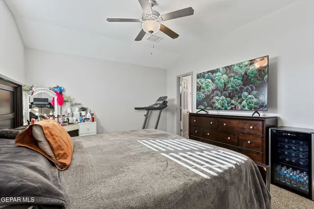 a bedroom with a bed and a dresser