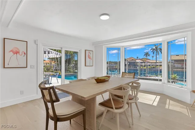 a view of a dining room with furniture wooden floor and a window