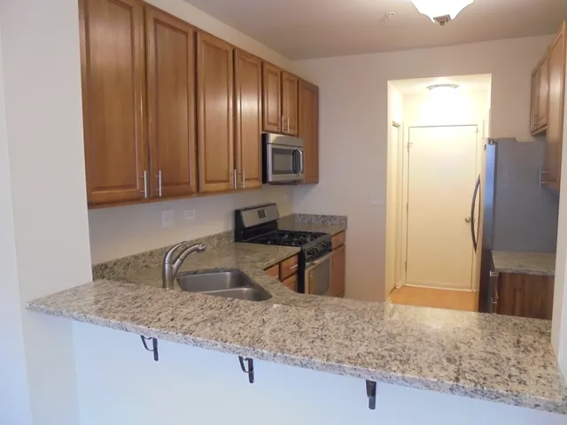 a kitchen with stainless steel appliances granite countertop a refrigerator a sink and wooden cabinets