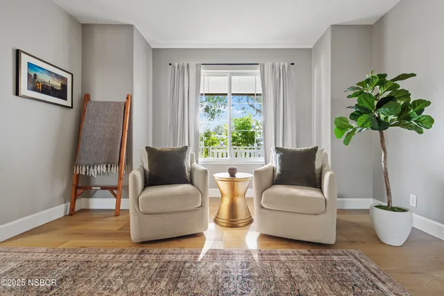 a living room with furniture and a potted plant