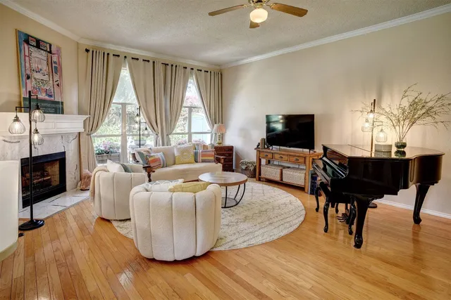 a living room with furniture and a fireplace