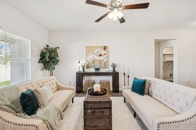 a living room with furniture and a potted plant