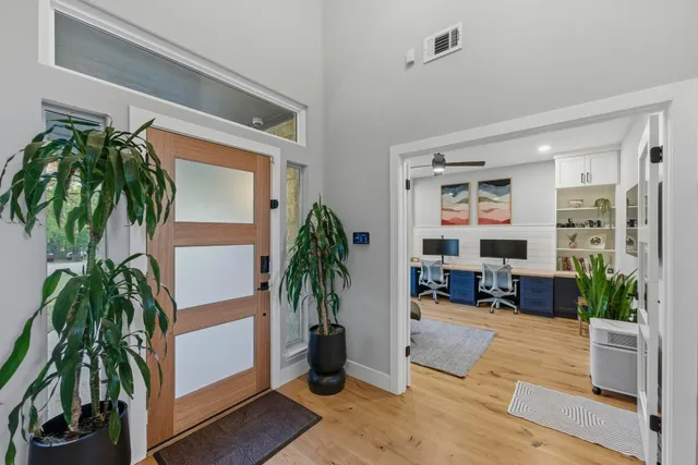 a living room with furniture and a potted plant