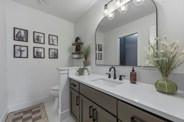 a bathroom with a sink a potted plant and a mirror