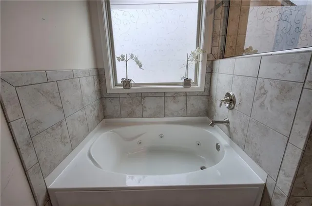 a bathroom with a bathtub