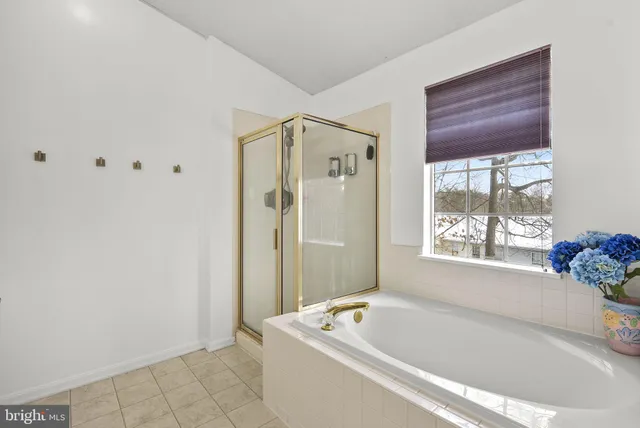 a bathroom with a tub a window and a shower