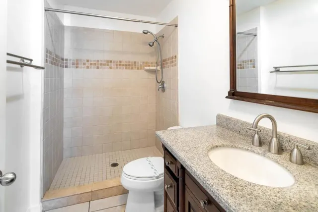 a bathroom with a granite countertop sink toilet and shower