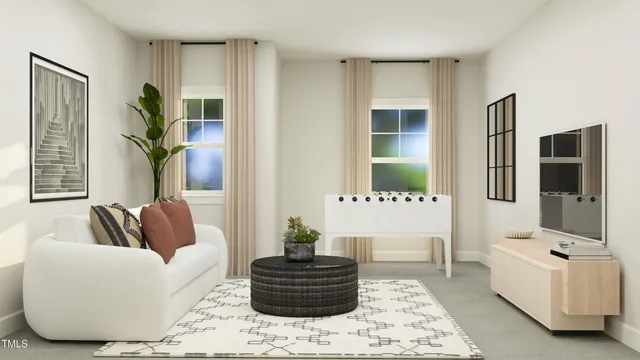 a bedroom with a bed and a potted plant