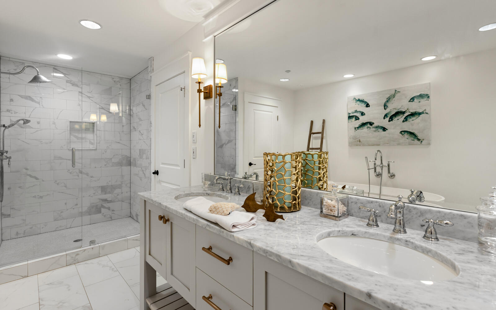 100 Bridge Lane, Unit 214C Inlet Beach, FL 32461 - Photo 28 of 54 a bathroom with a granite countertop sink a mirror a bathtub and shower